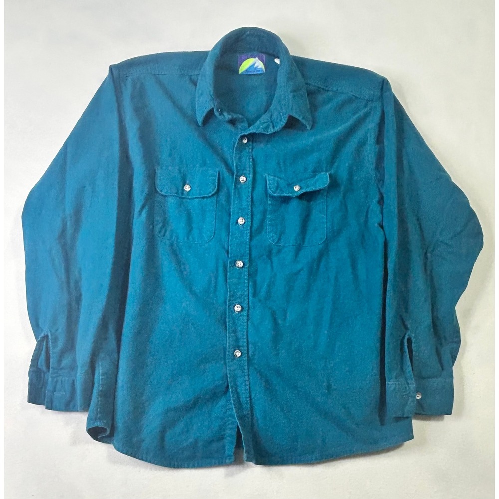 Vintage NorthCrest Mens Teal Blue Flannel‎ Button Down Shirt Two Pocket Large